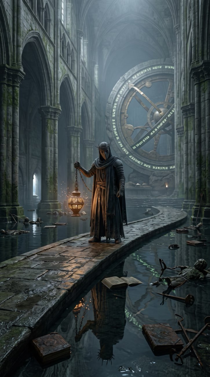 The Figure holding a lantern in a flooded cathedral before a great astrolabe