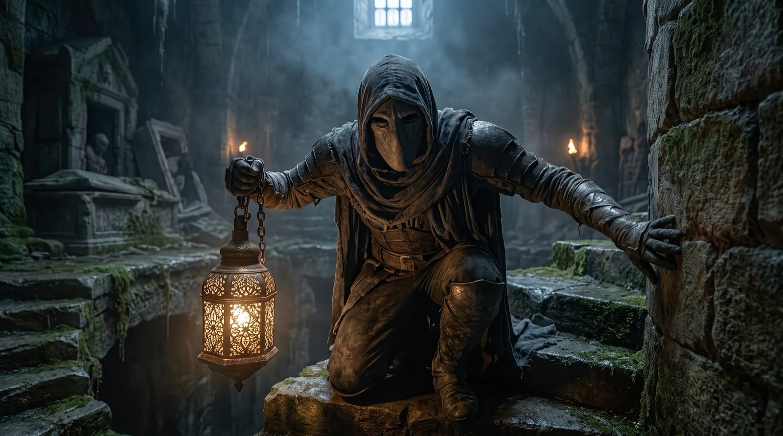 A masked, hooded keeper raising a glowing lantern in a ruined stone crypt