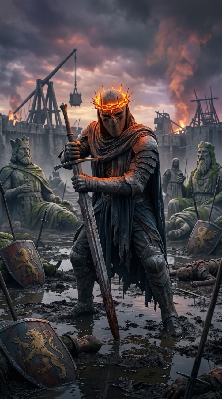 The masked figure with a burning crown, sword planted among fallen stone kings